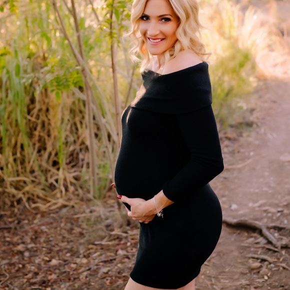 Pinkblush Maternity off the shoulder black sweater dress - Picture 2 of 3